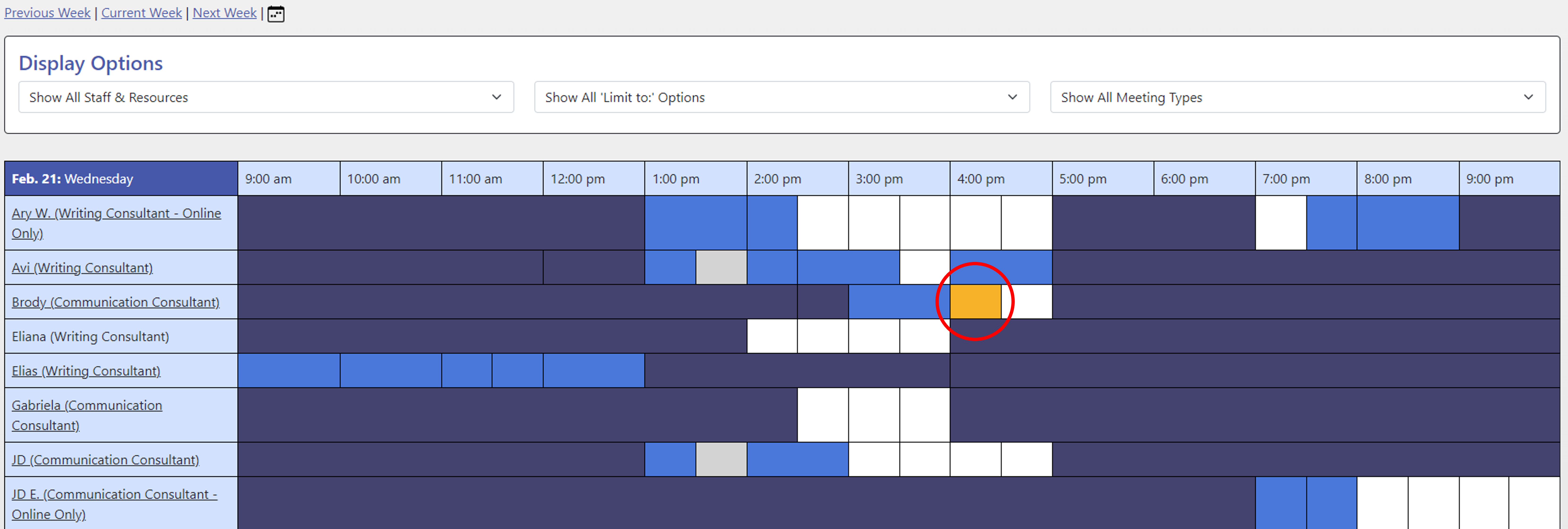 Screenshot of WCOnline schedule with an orange box circled