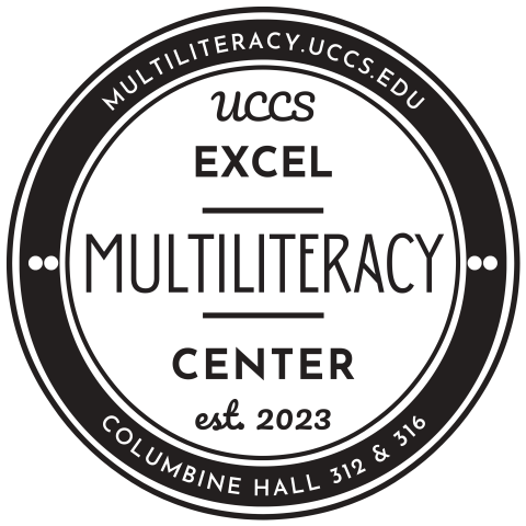 Excel Multiliteracy Center logo. A circle with black and white outlining with the center's name in the middle and the center's web address and location (Columbine 312 & 316) around the circle's border.